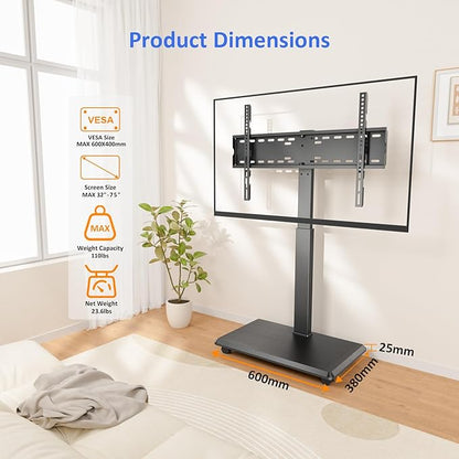 Rolling TV Stand, Portable Mobile TV Stand for 32-75 Inch TVs up to 110 lbs, 18 Adjustable Heights, Max VESA 600x400mm, Rolling TV Cart on Wheels with Mount for Bedroom, Office, Outdoor