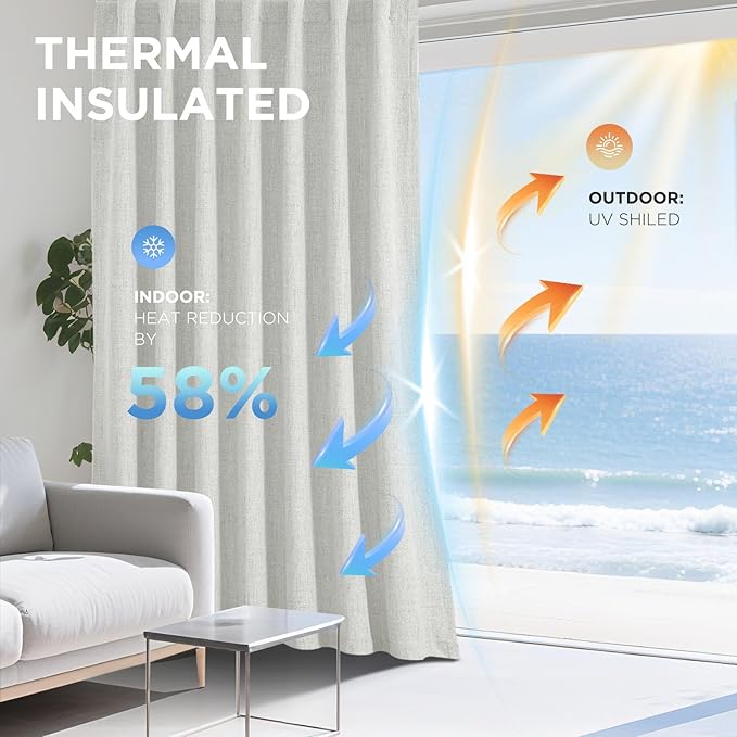 Joydeco 100% Blackout Curtains for Bedroom - Natural Linen Curtains 100" W x 96" L, Thermal Insulated 1 Panels White Light Blocking Drapes, Rod Pocket & Back Tabs, Darkening Privacy for Living Room