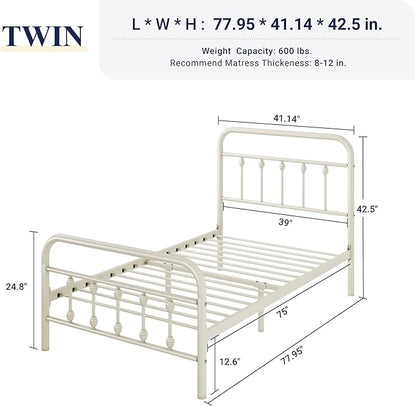 Allewie 14 Inches Twin Size Metal Platform Bed Frame with Victorian Style Iron-Art Headboard/Footboard, Mattress Foundation, Easy Assembly, Under Bed Storage, No Box Spring Required, Off White