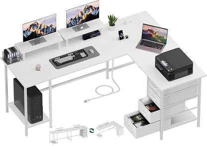 66" L Shaped Computer Desk, 94.4'' Home Office Desk with Power Outlets, 4 Adjustable Storage Drawers & 2 Monitor Stands, Large Two Person Gaming Table for Writing Study, White