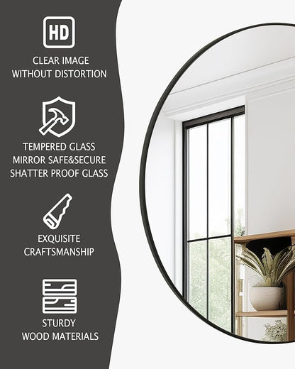 Black Round Mirror,Bathroom 24 Inch Vanity Wall Mirror,Modern Circle Mirror for Wall,Wood Mirror for Bedroom Living Room Entryway