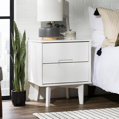 Walker Edison Furniture AZR2DSLNSWH Solid Wood 2-Drawer Groove Handle End Side Table Nightstand with Storage, 24" H, White