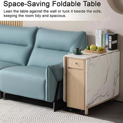 Drop Leaf Table Extendable, Foldable Kitchen Table Space Saving, Folding Dining Table with 2 Drawers and 4 Wheels, Dining Table for Living Room, Farmhouse， RV(Marble Wood)