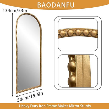 Vintage Full Length Wall Mirror, Large Gold Arch Floor Mirror 20"X53" with Antique Beaded Metal Frame for Dresser Living Room, Decorative Mirrors for Entryway Hallway Bathroom