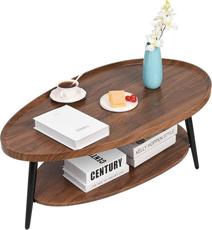 2-Tier Water-Shaped Wood Center Table Mid Century Oval Coffee Table Rustic Farmhouse for Living Room, Bedroom, 40", Brown