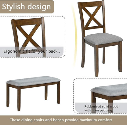 soges 6 Piece Kitchen Dining Set, Rectangular Wooden Dining Table with 4 Upholstered Chairs and a Bench, Dining Table Set for 6 People, Living Room, Home Bar and Kitchen, Walnut