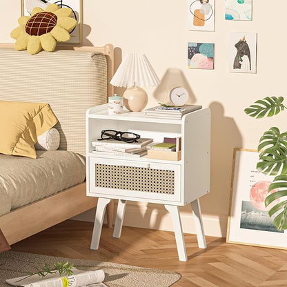 Lerliuo Rattan Nightstand, Bedside Table with Drawer Open Shelf, Cane Accent Side End Table with Solid Wood Legs, White Mid Century Night Stand for Bedroom, Dorm and Small Spaces