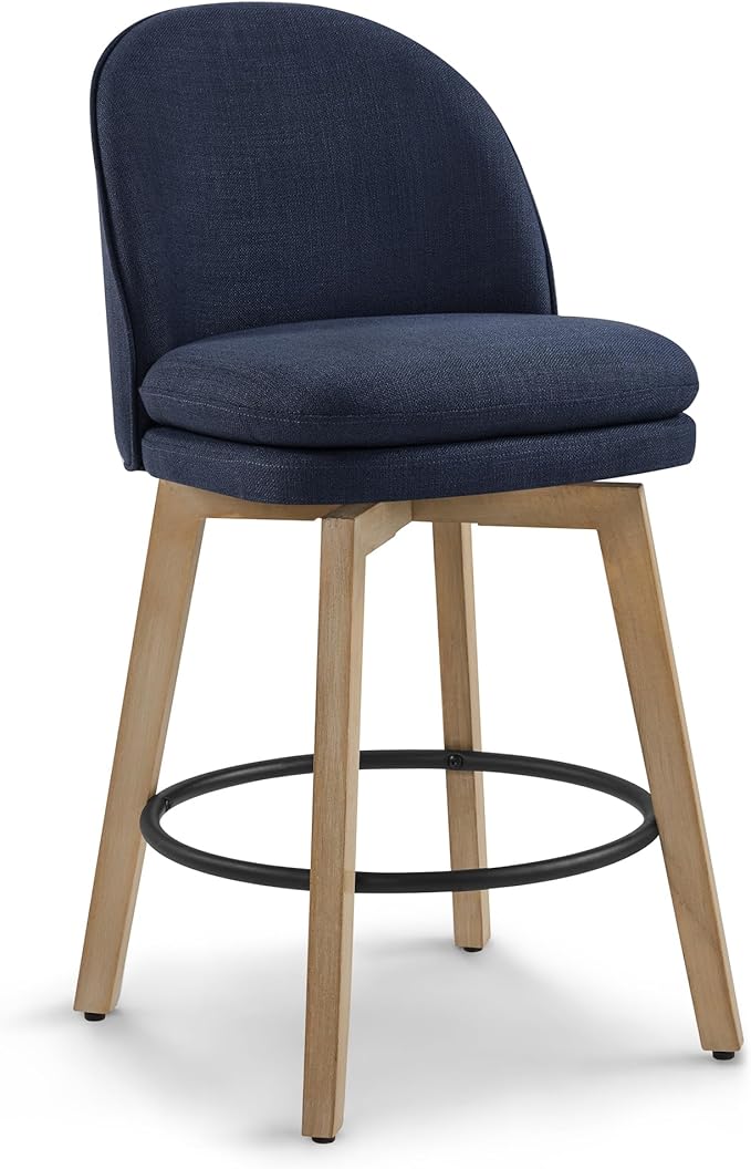 Counter Height Barstools 26 inch Upholstered Swivel Bar Stools with Back and Wood Legs for Kitchen Island,Set of 1,Blue Fabric-Armless