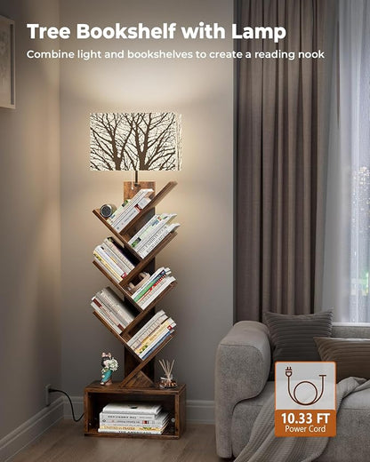 Tree Bookshelf with Light, 6 Tier Small Bookcase, Narrow Floor Standing Book Tower Organizer with Storage Cabinet for Living Room, Bedroom and Home Office, Rustic Brown