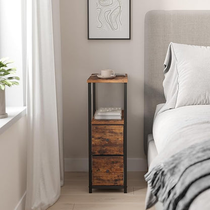 TUTOTAK Small Narrow End Table, Set of 2, Side Table, Nightstand with 2 Cloth Drawers, Couch Table, for Living Room, Bedroom, Bedside, Brown TB01BB054