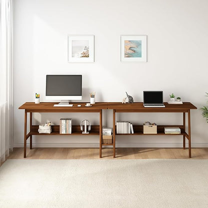2-Person Writing Desk with Bookshelf - 79" Wooden Extra Long Home Office Work Table, Double Study Computer Workstation with Storage Shelves in Walnut, 79" W x 24" D