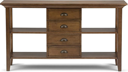 SIMPLIHOME Redmond Console Table - 54 Inch Wide Solid Wood Sofa Table in Rustic Natural Aged Brown, Transitional Storage Table for Entryway or Living Room with 4 Drawers and 4 Open Shelves