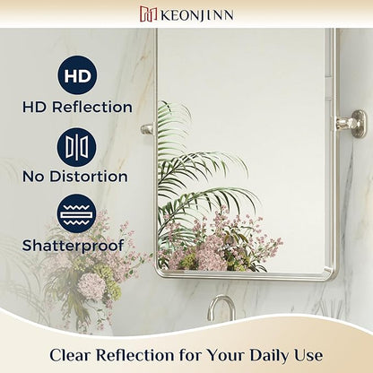 Keonjinn 24 x 36 Inch Pivot Mirror Bathroom, Brushed Nickel Tilt Mirror Bathroom for Wall, Beveled Pivot Rectangle Mirrors for Over Sink, Farmhouse Metal Framed Vanity Mirrors, Horizontal/Vertical