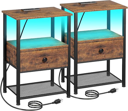 Night Stand Set 2, LED Nightstand with Charging Station, End Tables Living Room with Fabric Drawer for Small Spaces, Side Tables with Storage Shelf for Bedroom, Rustic Brown HETS01PQBR