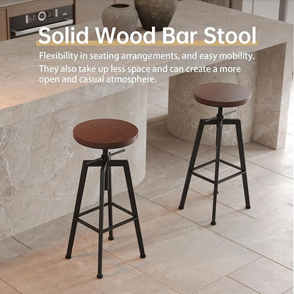 Vintage Adjustable Bar Stools Set of 2, Height Ranges from 24.8 to 30.8 inch, Natural Wood Seat and Heavy Metal Frame Rustic Industrial Swivel Bar Stools