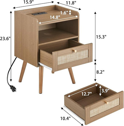 Night stand Set of 2, Bedside Tables with Charging Station, Rattan End Tables, Bed Side Tables, Wood Nightstands set of 2 for Farmhouse Kids' Room Bedroom Living Room Dorm Sofa Office Corner(Brown)