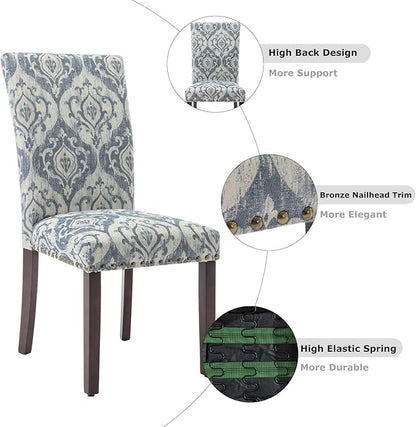 COLAMY Upholstered Parsons Dining Chairs Set of 6, Fabric Dining Room Kitchen Side Chair with Nailhead Trim and Wood Legs - Blue/White Flower
