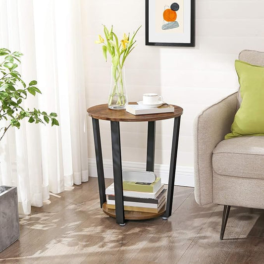 VASAGLE End Table, Round Side Table with Storage Shelf, Easy Assembly, Industrial Accent Furniture with Steel Frame, Rustic Brown and Black