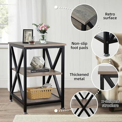 End Tables Living Room Set of 2, 16" D x 16" W x 24" H, Indoor Side Tables Living Room with Storage Shelf, Square End Table Set of 2, X-Shaped Night Stands for Bedroom, Farmhouse Wood End Tables, Grey