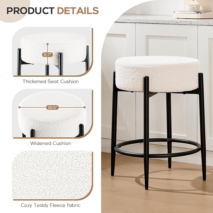 Dining Room Chairs Set of 8, 23.6" Sherpa Backless White Boucle Dining Chair, Mid Century Modern Living Room Round Upholstered Chairs with Black Metal Legs