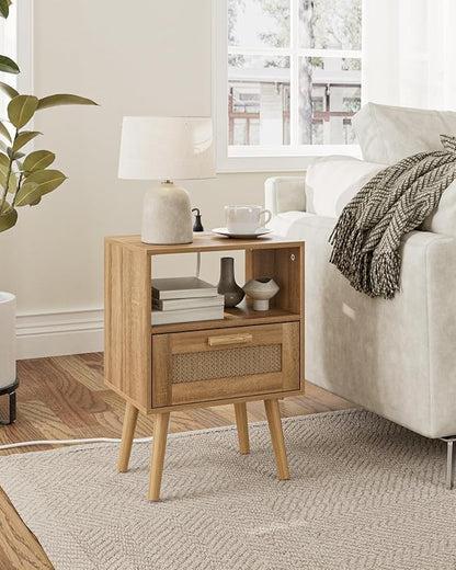 Rattan Nightstand with Charging Station, Small Night Stand, Side Table with Drawer Open Shelf, Cane Accent Bedside End Table with Wood Legs, Modern Nightstand for Bedroom, Oak (Modern)
