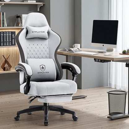 GTPLAYER Office Chair, Gaming Computer Desk Fabric Chair with Footrest, High Back Ergonomic Office Chair with Pocket Spring Lumbar Support and Linkage Armrests Adjustable Height Swivel for Home Task