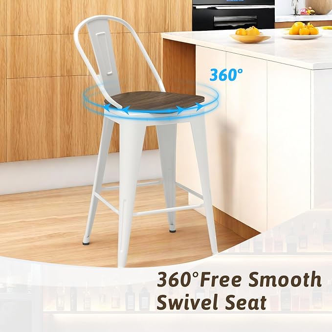 26” Swivel Bar Stools Set of 4, Counter Height Bar Stools Wooden Seat, Metal Industrial Bar Chairs with High Back for Kitchen Island (White)