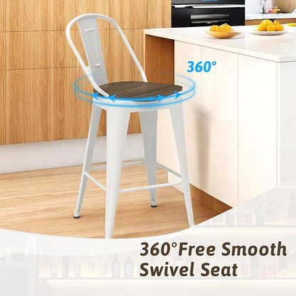 30” Swivel Bar Stools Set of 4, Counter Height Bar Stools Wooden Seat, Metal Industrial Bar Chairs with High Back for Kitchen Island (White)