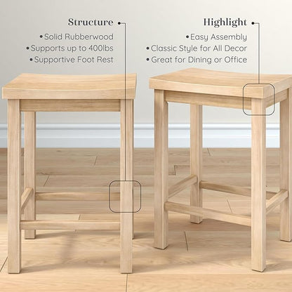 Grain & Grove Smith Collection Set of 2 Solid Wood Counter Height Bar Stools, 24-Inch Saddle Seat Backless Stools, Ideal for Kitchen Island, Dining, or Home Bar Seating, Blonde