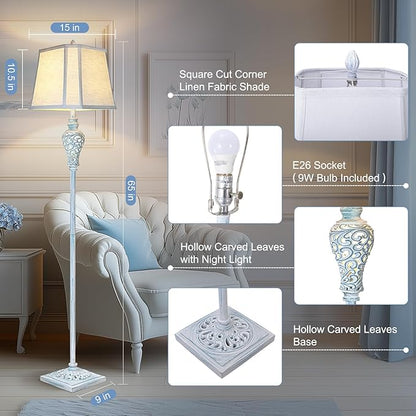 Vintage Floor Lamp with Nightlight, 65" Retro Standing Lamp with White Linen Shade, Washed Blue Finish Farmhouse Style Design Tall Lamp Decor for Living Room Bedroom Study Home Corner (Bulb Included)