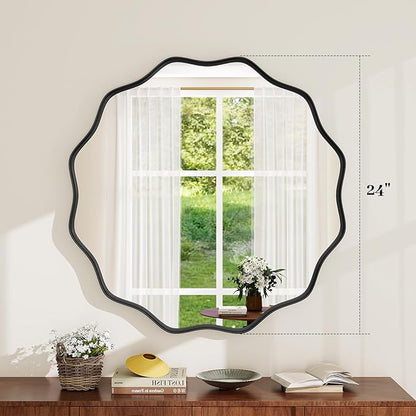 Round Wavy Mirror, 24 Inch Metal Frame Circle Mirror, Round Wall Mounted for Entryway, Bathroom, Vanity, Living Room, Black