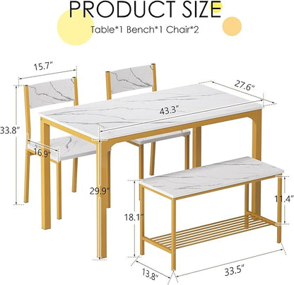 soges 4-Piece Dining Table Set with Bench - 4 Person Kitchen Table and 2 Chairs for Small Spaces, Apartment - Metal Frame & Woodgrain Tabletop, Space-Saving Design, Durable & Easy to Clean, Gold