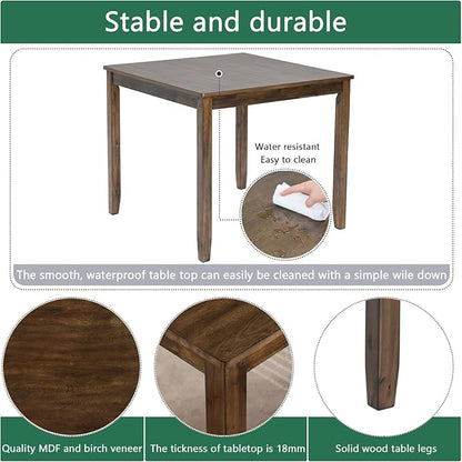 Dining Table Set, Wooden Kitchen Table Set with Square Table, 4 Flat X Backrest Upholstered Chairs, Table and Chairs with Non-Slip Feetmats for 4 People, Living Room and Kitchen, Walnut