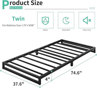 4 Inch Twin Size Bed Frames Heavy Duty Metal Twin Platform Bed Frame No Box Spring Needed, Noise Free, Easy Assembly, Black