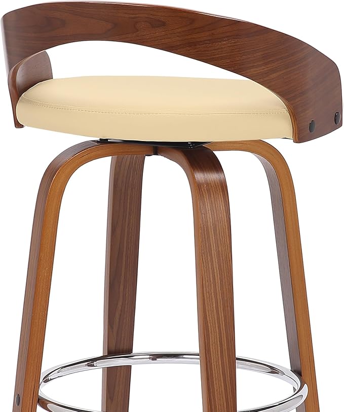 Armen Living Sonia 30" Bar Height Swivel Cream Faux Leather and Walnut Wood Bar Stool