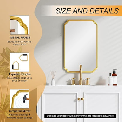 22x34 Inch Gold Bathroom Mirror, Metal Framed Wall Mirror with Rounded Edges, Rustproof Horizontal Vertical Hanging for Vanity Over Sink