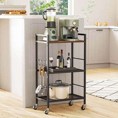 3-Tier Metal Storage Rack with Industrial Wheels,Mesh Shelving Unit with Wooden Table top,Adjustable Shelf,16.9-Inch Width,for Kitchen,Laundry,Pantry,Plant,Black