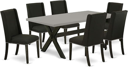 East West Furniture X697FL624-7 7 Piece Dining Room Furniture Set Consist of a Rectangle Dining Table with X-Legs and 6 Black Linen Fabric Parsons Chairs, 40x72 Inch, Multi-Color