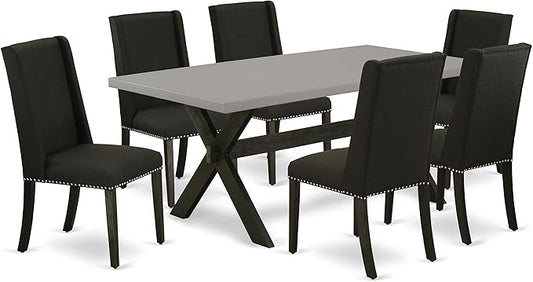 East West Furniture X697FL624-7 7 Piece Dining Room Furniture Set Consist of a Rectangle Dining Table with X-Legs and 6 Black Linen Fabric Parsons Chairs, 40x72 Inch, Multi-Color