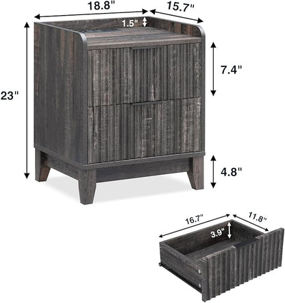Wnutrees Fluted Nightstand with Charging Station, Modern Bedside Table with 2 Drawers, Farmhouse Wooden End Side Table Living Room, Dark