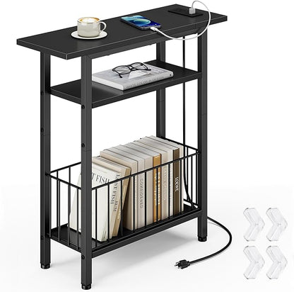 Vagusicc Narrow Side Table with Charging Station, 3-Tier Skinny Side End Table for Couch, Small End Tables for Small Spaces, 25.2" Tall Slim Nightstand Bedside Table for Living Room, Bedroom, Black