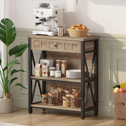 FATORRI Rustic Bookshelf with Drawer, Industrial Wood and Metal Bookcase, Small Short Book Shelf and Low Book case for Small Space (Rustic Oak)