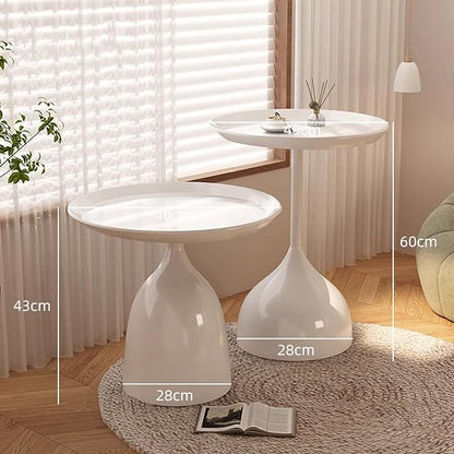 Side Table Set of 2, Small Coffee Round Bedroom End Table, Patio Metal Nesting Tables Pedestal Tables, Bedside Console Table for Living Room (White)