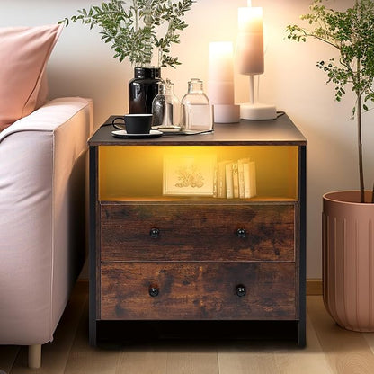 27 Inch Wide Night Stand, Large Wood Night Stand with 2 Drawers, LED Nightstand with Charging Station and Adjustable Drawer, Bedside Table for Living Room/Bedroom/Study/Office, Retro.