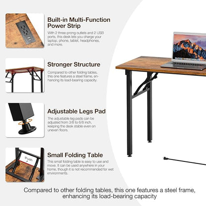 TEMI Small Computer Desk Folding Table - No Assembly, Compact 44.3" Foldable Desk with Power Outlets & USB Charging Port, Portable Small Office Desk, Ideal Mini Study Table for Narrow Spaces, Brown