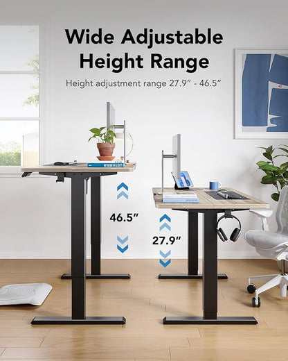 HUANUO 55" x 28" Electric Standing Desk Adjustable Height, 4 Memory Height Settings, Headphone Hook, Cable Manager, Sit Stand Up Desk for Home Office & Computer Workstation, Wooden Block