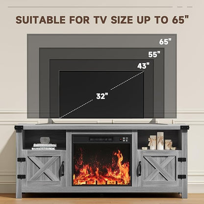YESHOMY Fireplace TV Stand with Barn Doors and Open Display Shelf, Farmhouse Media Console with Hidden Cable Routing, Entertainment Center for Televisions up to 65+ Inch, Gray Wash