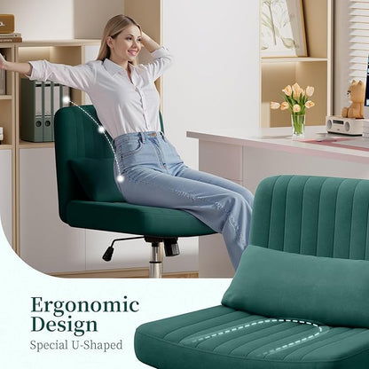 Warmiehomy Criss Cross Office Chair with Wheels, Velvet Cross-Legged Desk Chairs for Home, Armless Height Adjustable Swivel Wide Seat Computer Chair, Morden Vanity Chair for Women, Dark Green