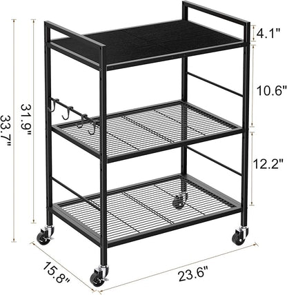 3-Tier Metal Storage Rack with Industrial Wheels,Mesh Shelving Unit with Wooden Table top,Adjustable Shelf,23.6-Inch Width,15.8-Inch Depth, for Kitchen, Laundry,Pantry,Plant,Black panel