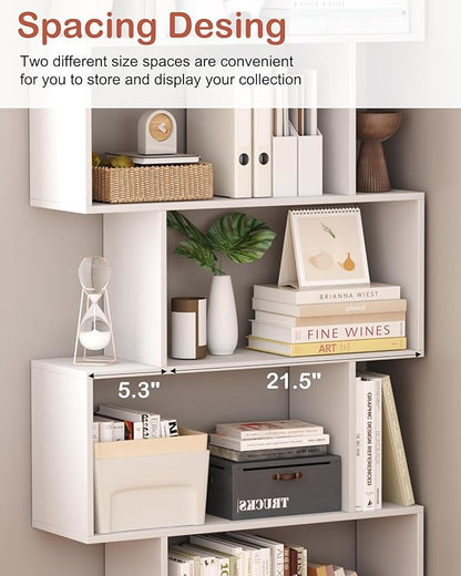 Yusong Bookshelf 5-Tier, Geometric Bookcase S Shaped Book Shelves for Bedroom, Modern Wood Decorative Display Shelf Book Case for Home Office, White